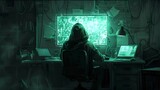 Fototapeta Konie - A young man in a hood, a hacker programmer, works with programs to hack laptops and websites, sitting at a network of computers in a dark room. Illustration of digital painting