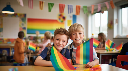 Pride Month celebration. Two smiling children with a rainbow flag in a classroom