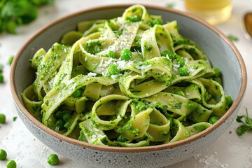 Wall Mural - Pasta pesto and pea sauce served in bowl