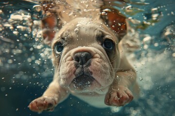 Poster - A small dog is swimming in a pool. Summer heat concept, background