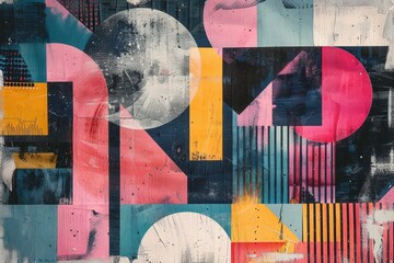 Wall Mural - A colorful abstract painting with a lot of different shapes and colors. Risograph effect, trendy riso style