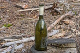Fototapeta Desenie - one old dirty green glass bottle stands on gray stump on the street 