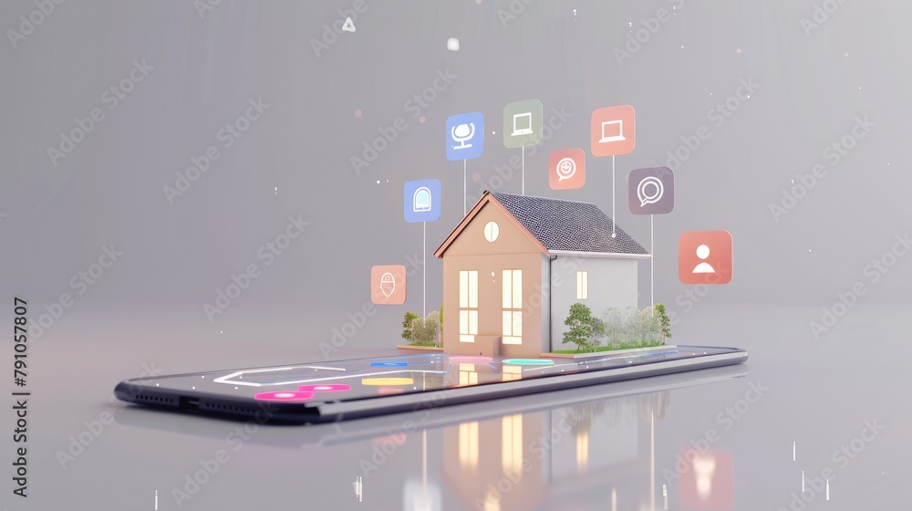 Smart home concept with 3D house model and icons on smartphone ...