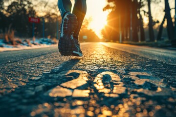 Poster - A runner is running on a road with a red sign in the background