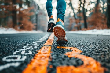 Poster - A person running on a road with a white line on the ground. Health care concept. Background