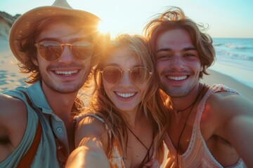 Wall Mural - Three people smiling and posing for a picture on a beach