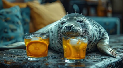Wall Mural -   A seal rests atop a table, next to two glasses filled with orange juice
