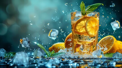 Wall Mural -   A glass of lemonade with ice cubes, mint, and a blue background surrounded by water splashes