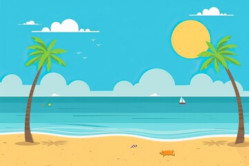 Wall Mural - Beautiful sea summer or spring cartoon style background. Golden sand beach with blue ocean and cloudscape. Summer theme background. High quality AI generated image