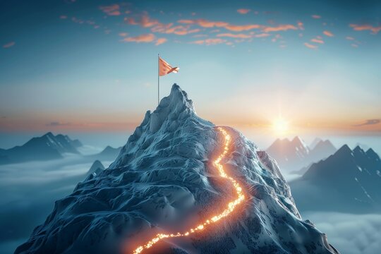 A mountain with a red flag on top and a path leading to the top