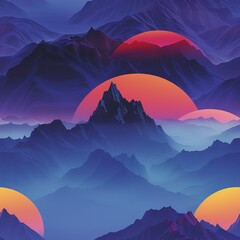 A dynamic 3D scene of mountain ranges at sunset, where the peaks create sharp silhouettes against a brightly colored sky, blending seamlessly from one tile to the next. Seamless Pattern, Fabric Patter