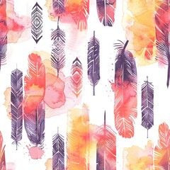 Canvas Print - Seamless pattern of watercolor textures with boho feathers and arrows, set against a backdrop of sunset hues. Seamless Pattern, Fabric Pattern, Tumbler Wrap, Mug Wrap.