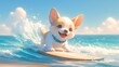 A cute white puppy surfing on the sea, with a happy expression