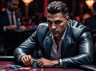 Portrait of a man sitting at a poker table in a casino