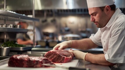 Wall Mural - A man in a chefs hat skillfully cutting up a piece of meat in a commercial kitchen