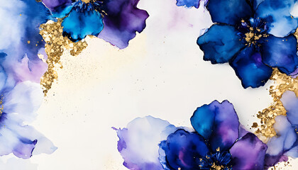 Wall Mural - elegant blue and  purple  flowers alcohol ink background with gold glitter elements