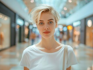 Young attractive blonde woman with a fashionable haircut wears a white clean T-shirt in a shopping center smiling. Shopping.