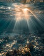 Underwater serenity as sun rays pierce the oceans surface, casting a gentle glow over the aquatic landscape