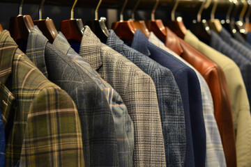 Wall Mural - Close-up photo of rack of outerwear in store. Warm clothes on hangers