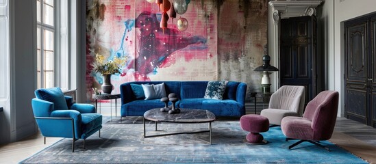 Poster - Living room with colorful wall mural