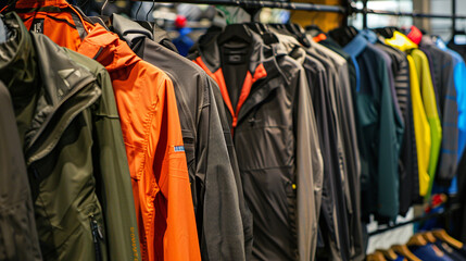 Wall Mural - Close-up photo of rack of outerwear in store. Warm clothes on hangers