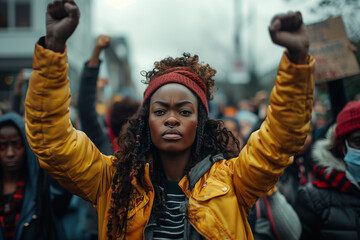 Young woman leads crowd in protest Shouting and raising fists in the street.