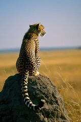 Wall Mural - a cheetah is sitting on a rock in the wild