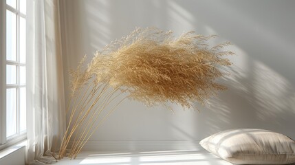 Wall Mural -  a dried plant beside a pillow in a white room, bathed in sunlight