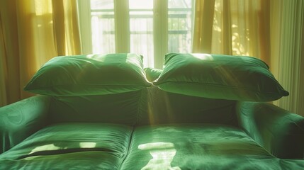   A green couch faces a window, adorned with two pillows atop it and an additional one behind