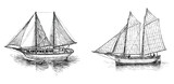 Fototapeta Konie - Sailing boat, fishing, sails, retro, sailor, floating,retro,realistic, marine, sketch,vector hand drawn illustration isolated