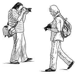 Sticker - Photographers men, taking picture,camera,realistic, profile, standing,backpack, striding,outline, vector hand drawn illustration isolated on white