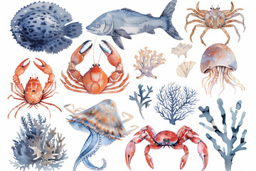 Wall Mural - Watercolor paintings of strange underwater animals Weird aquatic plants.