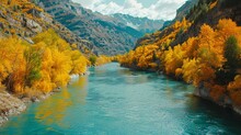   A River Runs Through A Lush, Green Forest, Teeming With Yellow And Orange Trees Nearby, A Rocky Hillside Is Capped With Snow-covered Mountains