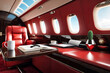 Luxury interior salon private jet with laptop, diary, coffee mug on table, at highest. Comfort vip business airplane with chic decor. Quality service in aviation industry concept. Copy ad text space