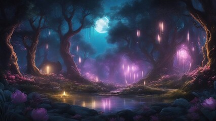 Wall Mural - landscape with space _A mystical scene with a fairy forest in the night. The forest is full of glowing trees and flowers,  