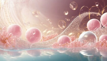 Wall Mural - Background with pink and white colors, featuring bubbles and streamers in a festive design