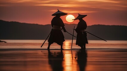 silhouette of two people in traditional clothing stand on the beach at sunset silhouettes