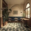 Inviting Cafe Atmosphere with Contemporary Furniture, Unique Floor Pattern, and Modern Celtic Knot Motifs