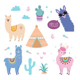 Fototapeta  - cute cartoon llama set