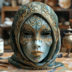 Wall Mural - beautiful mask with golden and blue feathers on table in the dark