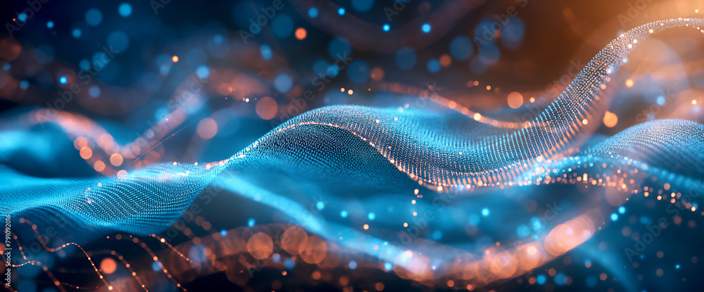 Digital background with glowing blue and orange dots on a dark wave, in ...