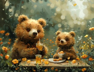 illustration of two bears with flowers and tea