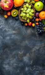 Poster - A bounty of fresh fruits arranged on a dark, textured surface.