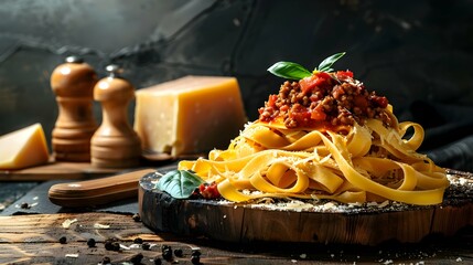 Wall Mural - Tagliatelle al ragu - italian pasta with meat bolognese sauce. High angel. Extra hard cheese on background 