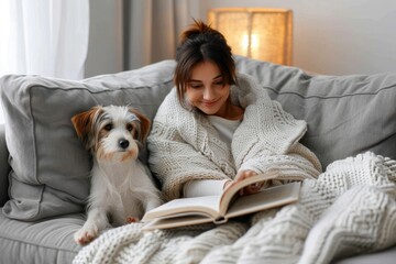 Wall Mural - Cozy scene with a young woman and her dog curled up on a sofa with a book