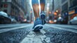 A person jogging in city wearing running shoes focusing on feet. Concept Jogging, Running Shoes, Cityscape, Urban Fitness, Foot Focus