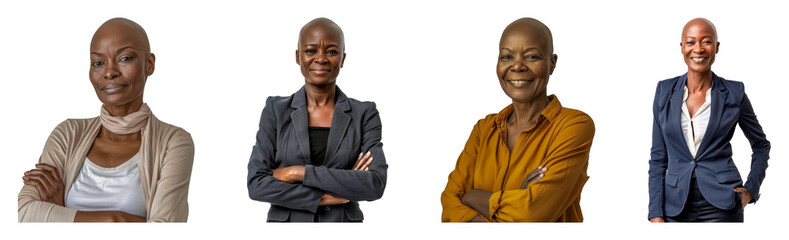 Diverse styles of confident bald black women in professional attire cut out png on transparent background