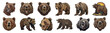 Detailed grizzly bear embroidered patches cut out png on transparent background