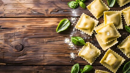 Wall Mural - Italian ravioli pasta with spinach and ricotta on wooden background