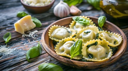 Wall Mural - Italian ravioli pasta with spinach and ricotta on wooden background